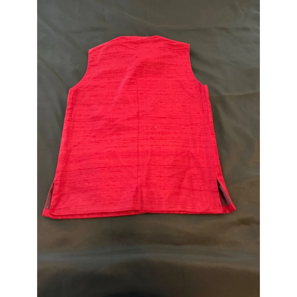 Khadi India Mens Red Slub Textured Nehru Vest Mandarin Collar Size 38 Small